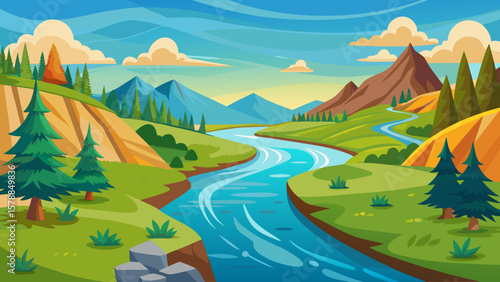Vibrant cartoon landscape with a winding river and majestic mountains under a blue sky