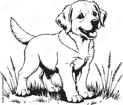 Loyal Pup: A heartwarming illustration captures a cute puppy standing proudly in a field of tall grass, conveying innocence and playful energy.