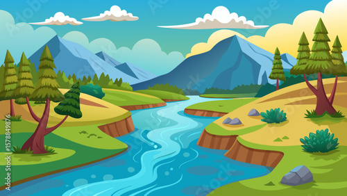 Vibrant cartoon landscape with a winding river and majestic mountains under a blue sky
