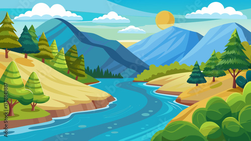 Vibrant cartoon landscape with a winding river and majestic mountains under a sunny sky