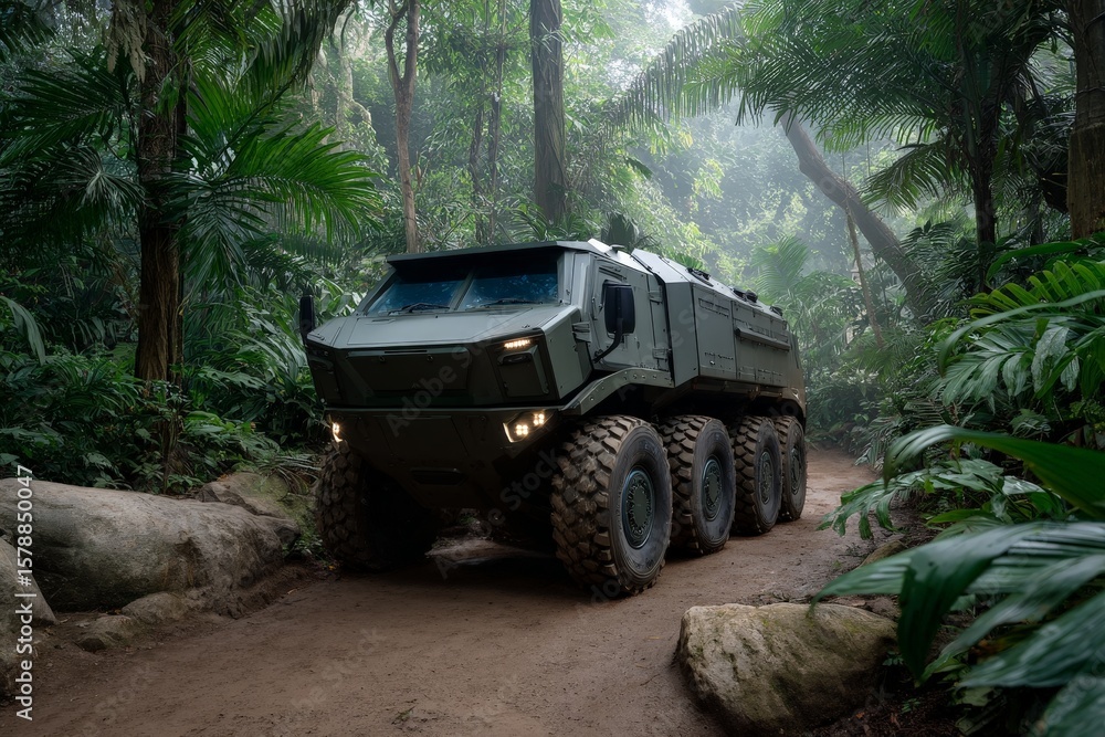 Fototapeta premium Armored Transport Truck in Rough Terrain Surrounded by Dense Jungle
