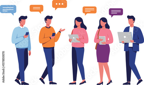 Group of people using digital devices, team communication with smartphones, laptops and tablets, modern technology teamwork illustration, flat cartoon style