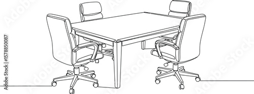 Line drawing of a conference table with four rolling office chairs