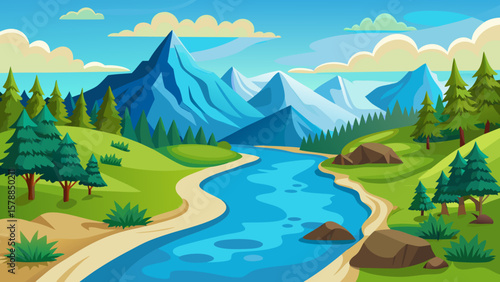 Vibrant cartoon landscape with a winding blue river flowing through green hills and majestic mountains
