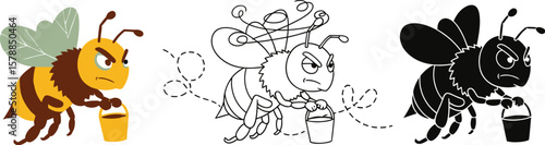 Angry bee cartoon vector illustration with honey bucket in color line and silhouette style isolated