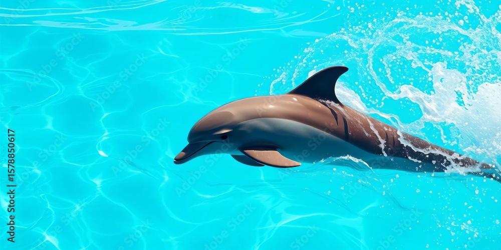 Naklejka premium Playful dolphin leaps through effervescent turquoise water, bubbles swirling, turquoise, playful