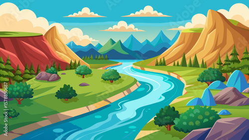 Vibrant cartoon landscape with a winding river flowing through green hills and mountains