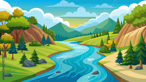 Vibrant cartoon landscape with a winding river flowing through green hills and mountains