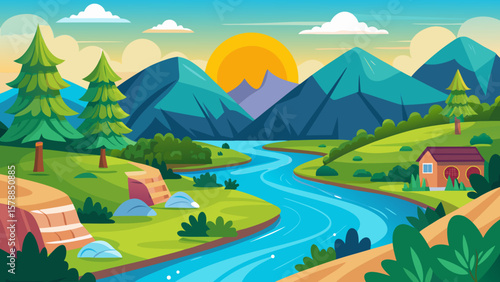 Vibrant cartoon landscape with a winding river mountains and a cozy cabin at sunset
