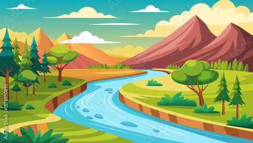 Vibrant cartoon landscape with a winding river flowing through green hills and mountains