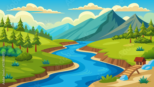Vibrant cartoon landscape with a winding river mountains trees and a small cabin
