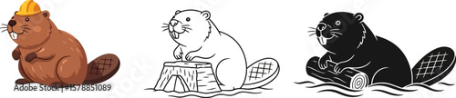 Cute cartoon beaver illustration set vector design for kids coloring book and digital artwork