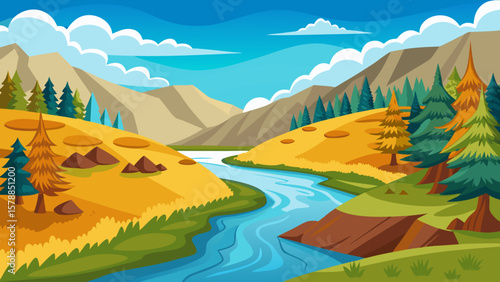 Scenic cartoon landscape with a winding river flowing through hills and mountains