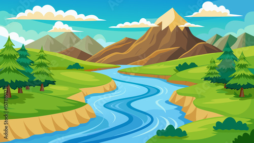 Vibrant cartoon landscape with a winding river flowing through green hills and mountains