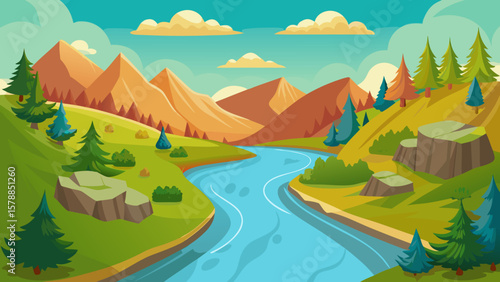 Vibrant cartoon landscape with a winding river flowing through rolling hills and mountains