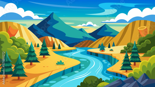 Vibrant cartoon landscape with a winding river and majestic mountains under a blue sky