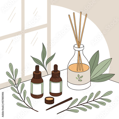 Still life of aroma diffuser with reeds, essential oil bottles, and leaves near a window for relaxation
