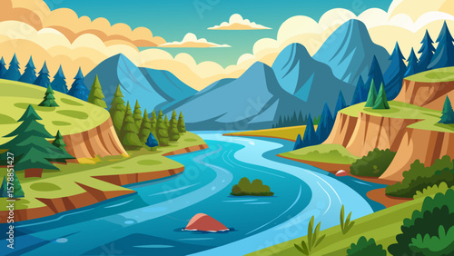 Vibrant cartoon landscape with a winding river green hills and majestic mountains