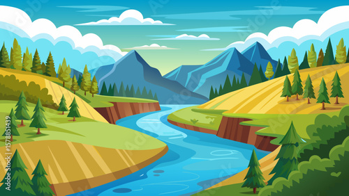 Vibrant cartoon landscape with a winding river and majestic mountains