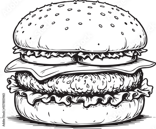 Burger Outline: Hand-drawn burger illustration featuring meticulous line, shading creating appetizing appearance, a blank burger awaiting colorful.