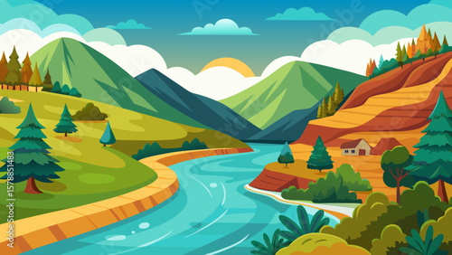 Idyllic mountain valley landscape with a winding river and distant sunset