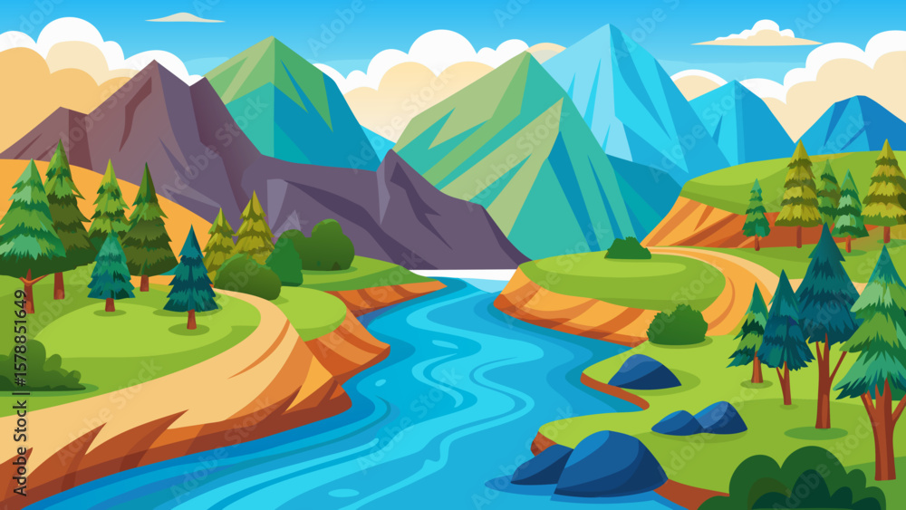 Obraz premium Vibrant cartoon landscape with winding river and majestic mountains under a blue sky