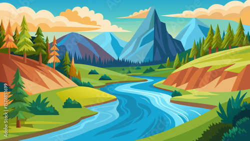 Vibrant mountain landscape with a winding river and lush green hills