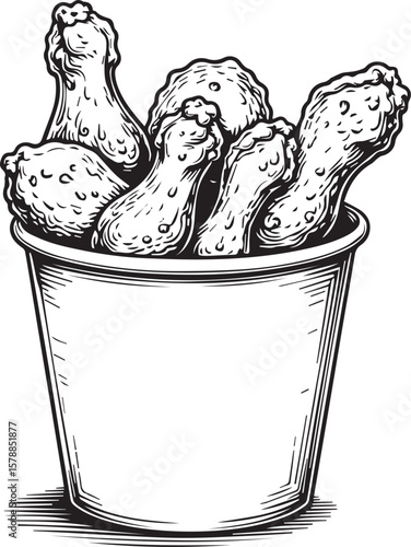 A Bucketful of Fried Chicken: A sketch of golden, crispy fried chicken pieces overflowing from a classic bucket, creating an appetizing image, drawing the viewer in with its savory appeal.