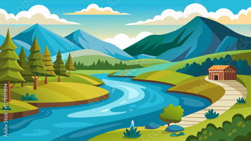 Serene mountain landscape with a winding river and a building