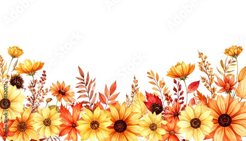 Fototapeta Naklejka Na Ścianę i Meble -  Watercolor autumn flowers border