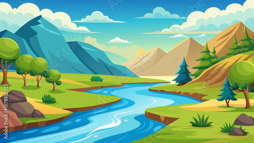 Vibrant cartoon landscape with a winding river and majestic mountains under a blue sky