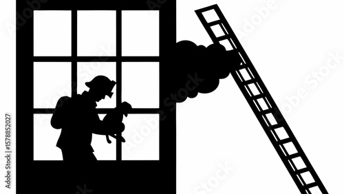 Firefighter rescuing a dog from a window next to a ladder with smoke in a black and white silhouette