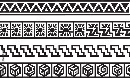 Collection of four distinct black and white geometric tribal patterns and borders featuring triangles suns zigzags and cubes