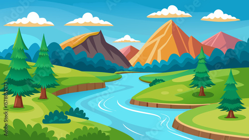 Vibrant cartoon landscape with a winding river and majestic mountains