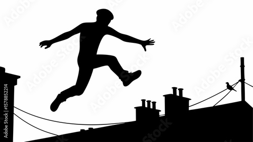 Silhouette of a man leaping across rooftops with chimneys and a bird on a wire in black and white