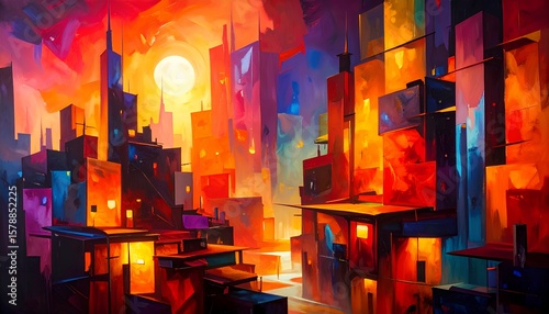 Abstract Cityscape Painting with Vibrant Colors and Sun.