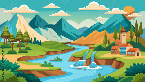 Idyllic mountain landscape with a winding river and charming village