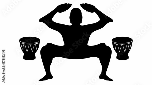 Silhouette of a person squatting with arms raised next to two drums in a black and white illustration