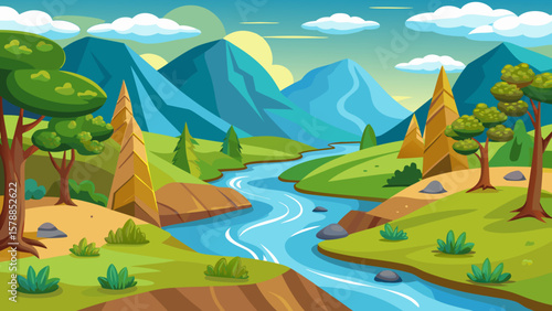 Vibrant cartoon landscape with a winding river and majestic mountains
