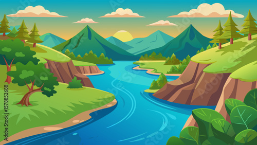 Serene mountain valley with winding river and lush greenery at sunrise