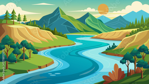 Serene mountain valley with a winding blue river and lush green landscape