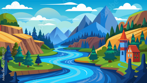 Serene mountain landscape with a winding river and a charming house