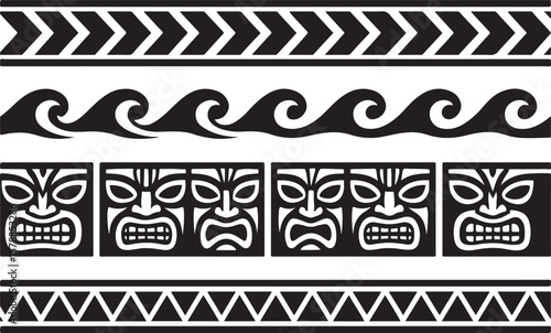 Collection of polynesian tribal patterns featuring chevron arrows stylized ocean waves fierce tiki masks and a triangular border design
