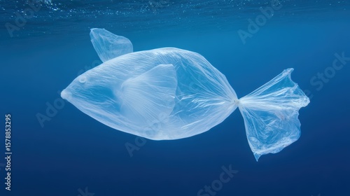 Plastic bag floating in the ocean shaped like a fish surrounded by marine debris and pollution concept of environmental damage ocean plastic waste ecological awareness for conservation design