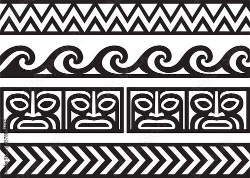 Collection of black and white tribal patterns featuring geometric zigzags stylized ocean waves and traditional tiki mask motifs