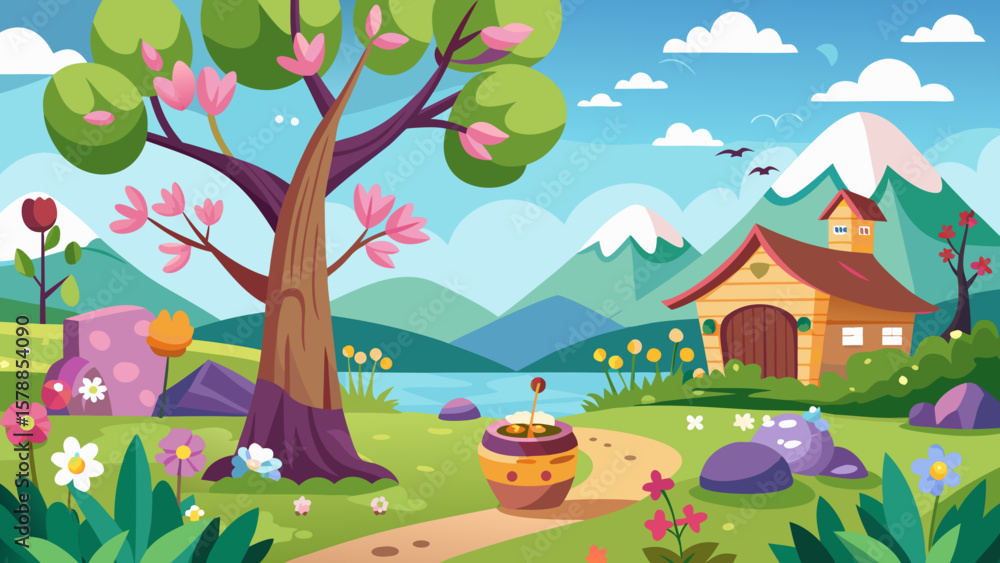 Fototapeta premium Charming cartoon landscape with a cozy house and blooming tree by a lake