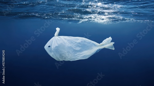 Plastic bag floating in the ocean shaped like a fish surrounded by marine debris and pollution concept of environmental damage ocean plastic waste ecological awareness for conservation design