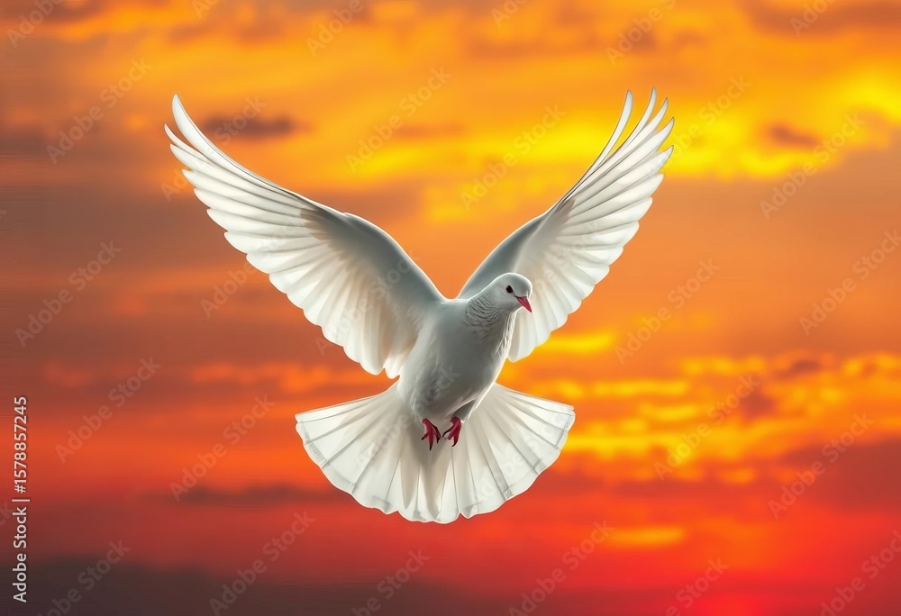 Fototapeta premium White dove in flight against vibrant sunset sky, yellow, colorful