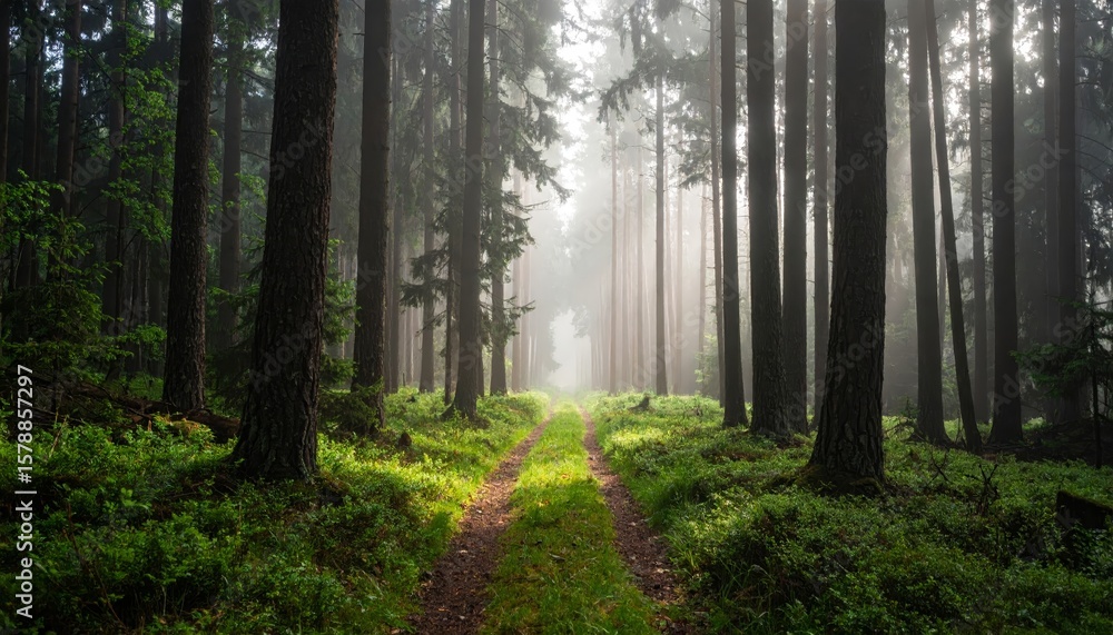 Obraz premium Enchanted forest path, a mystical journey through the foggy woods misty