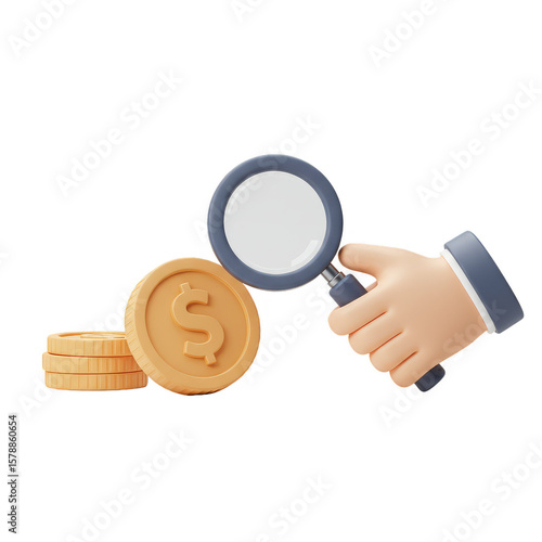 3D Hand Magnifying Glass Gold Coins Investment Concept PNG Isolated